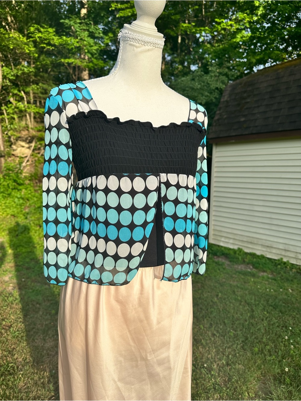 Black & Aqua Polka Dot Smocked Square Neck Top